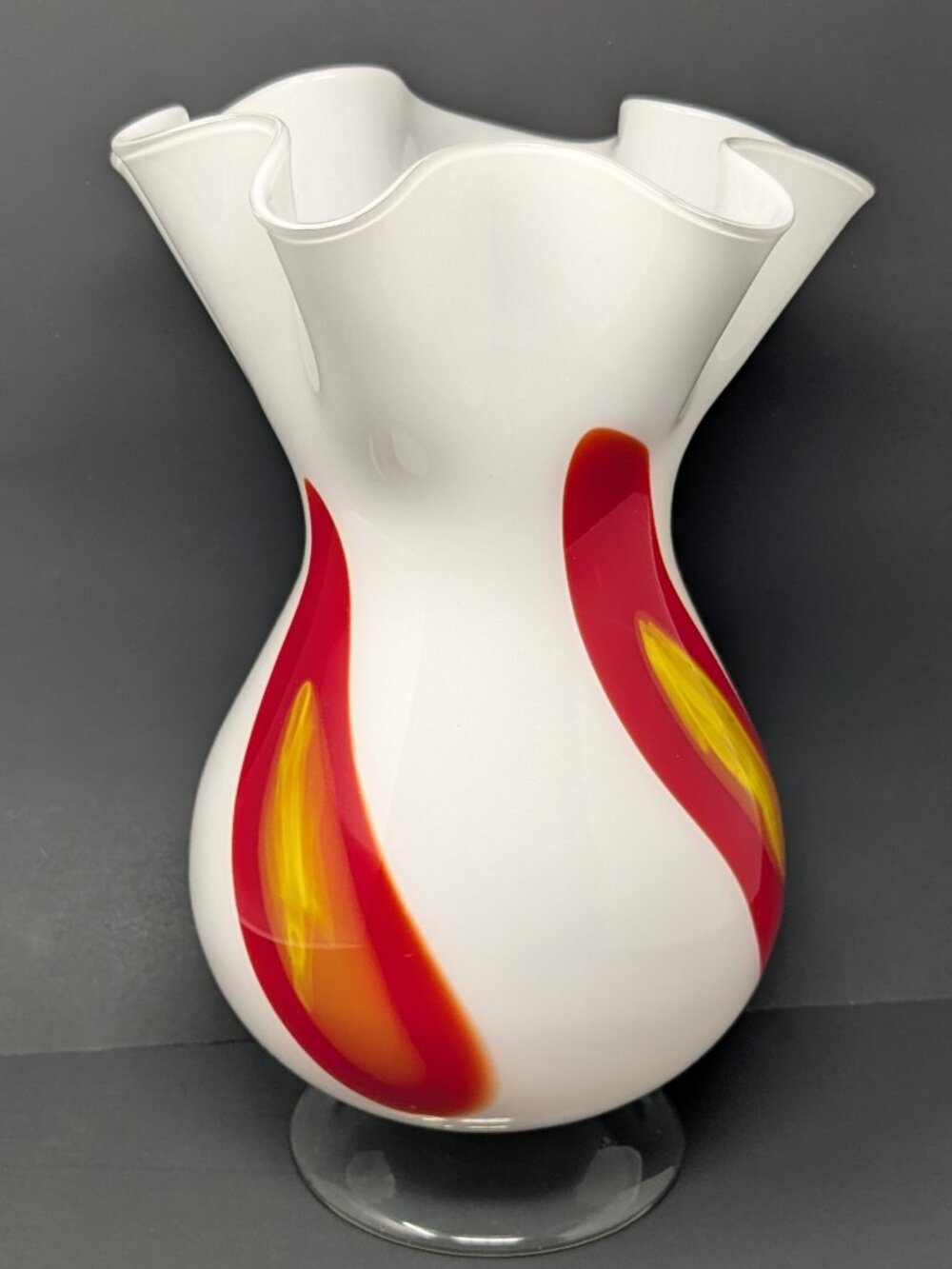 Zorza Art Glass Vase Cased White Red Yellow Ruffle 12" Venetian style Hand Blown